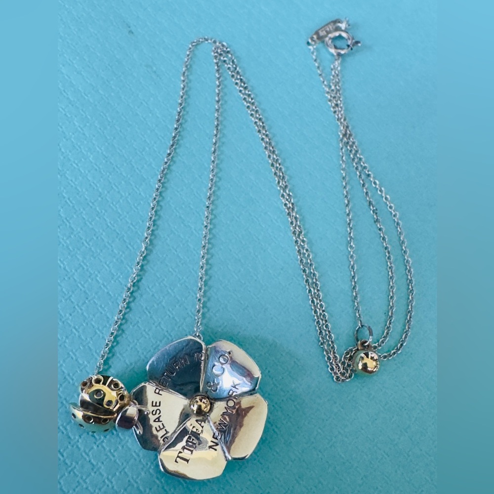 Tiffany & Co. Silver 925 & 18k Gold Love Bug Flower & Pendant Necklace 16-18” - Picture 6 of 10